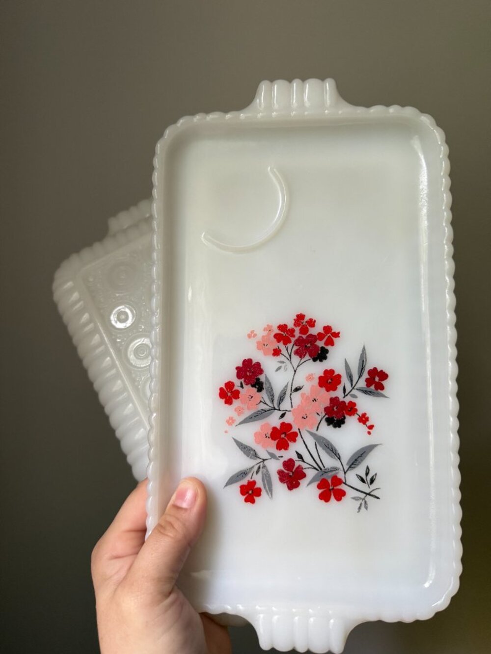 Set of 2 Primrose Snack Plates c1960s Fire King Anchor Hocking Milk Glass Trays